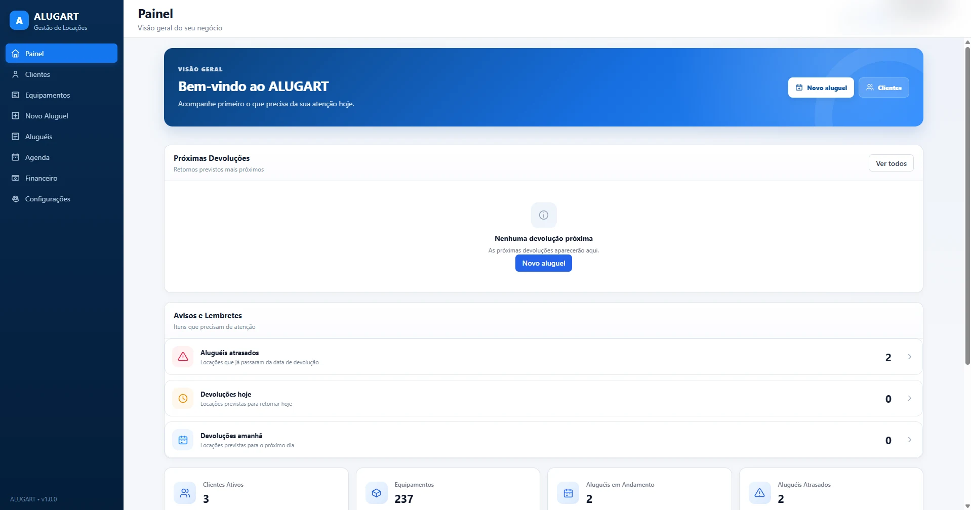 Tela real do painel inicial do sistema ALUGART, com informações de locações e devoluções
